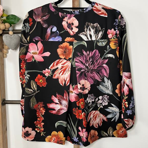 J Crew V Neck 3/4 Sleeve Blouse Black Floral Size Small - Picture 5 of 6